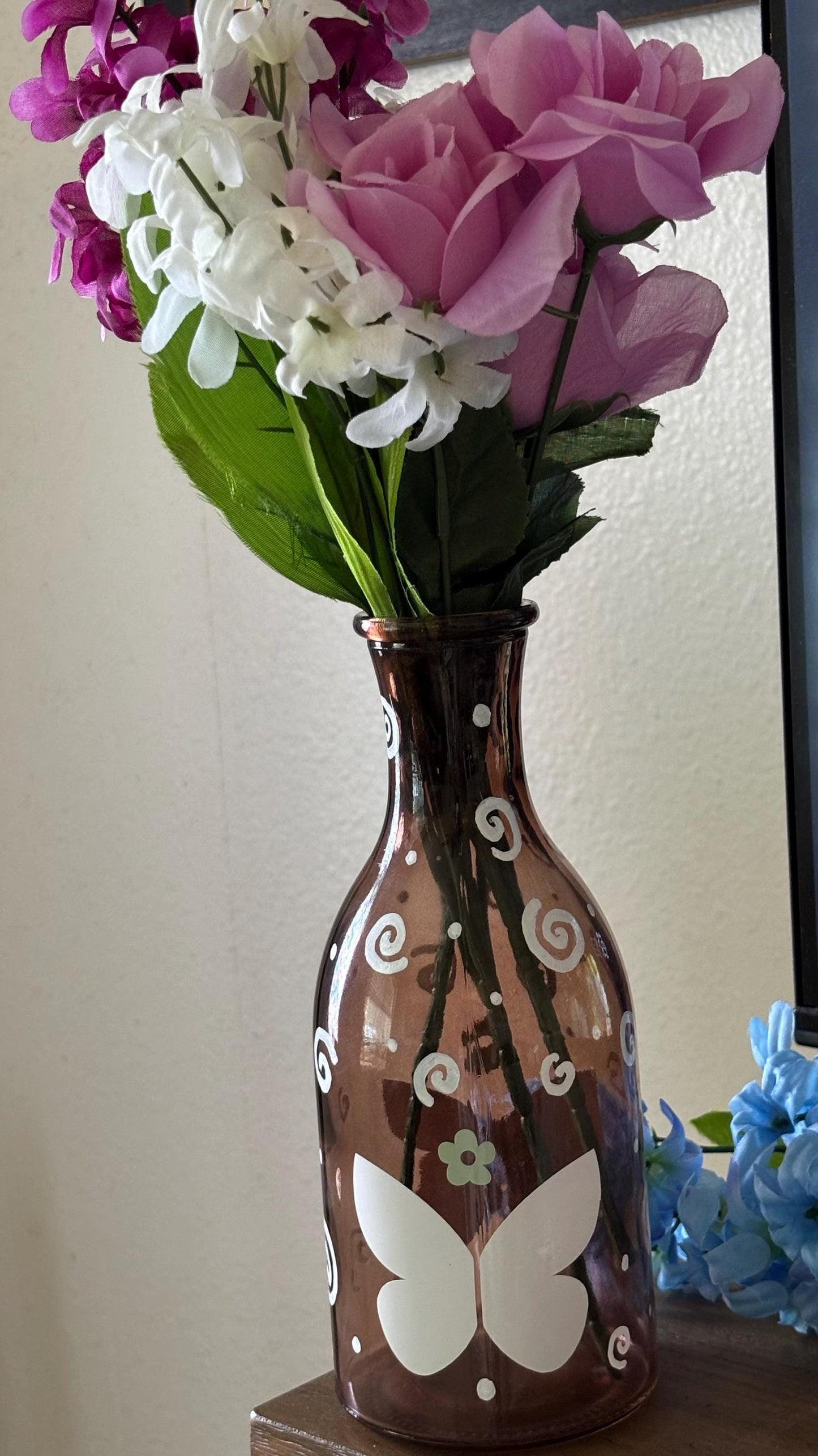 Brown Vase - Cute Spring Home Decor with Flowers Swirl Design and Butterfly | Unique Whimsical Room Decor Design