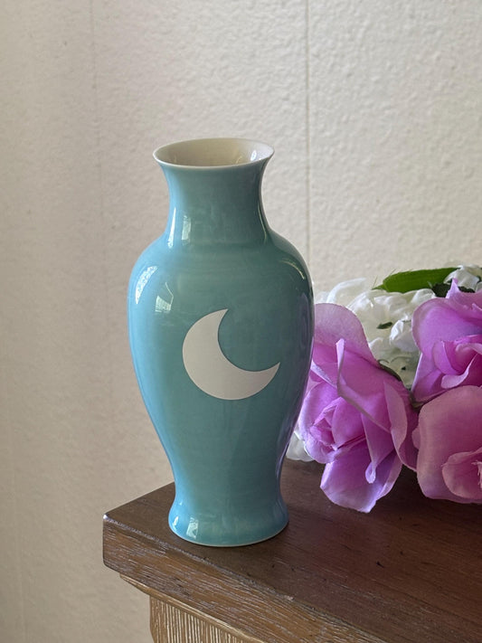 Vintage Blue Vase - Home Decor with moon vinyls | Small Home Piece | House warming Gift | Unique Whimsical Decor Design