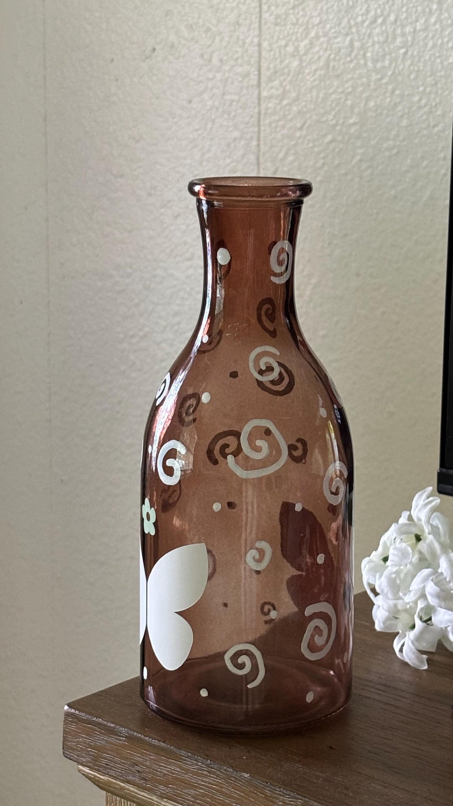 Brown Vase - Cute Spring Home Decor with Flowers Swirl Design and Butterfly | Unique Whimsical Room Decor Design