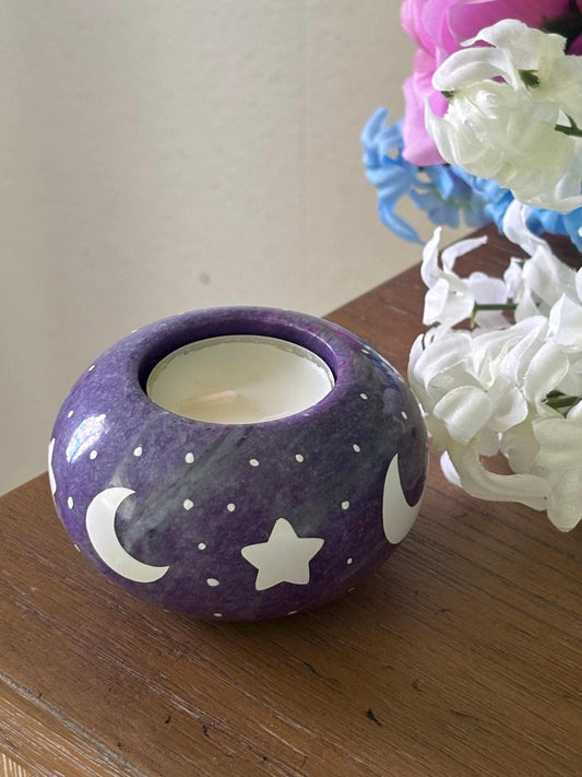 Stone Candle Holder - Purple Home Decor | Unique Witchy Whimsical Decor with Moon and Stars | Cute Vintage Gift