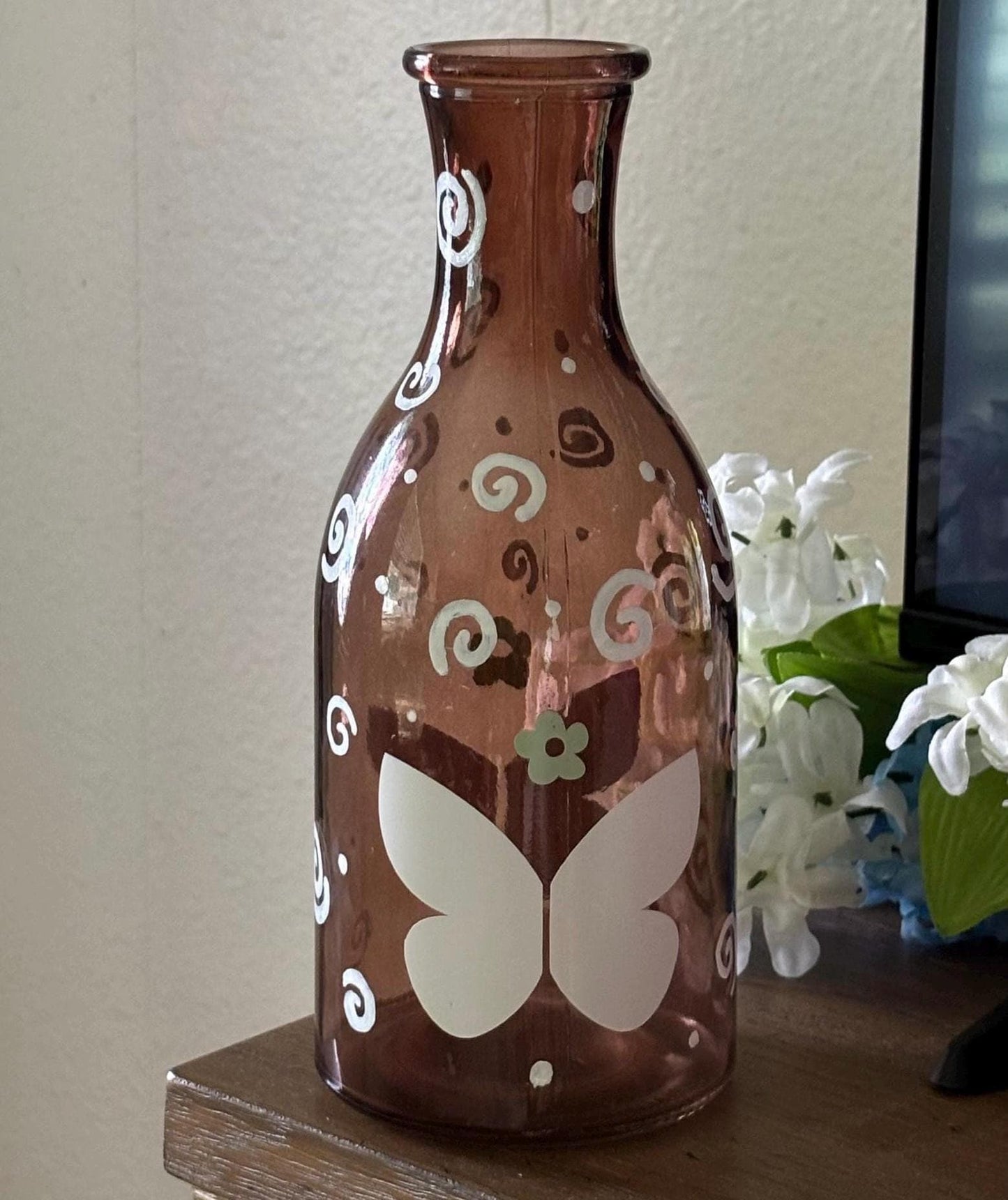 Brown Vase - Cute Spring Home Decor with Flowers Swirl Design and Butterfly | Unique Whimsical Room Decor Design