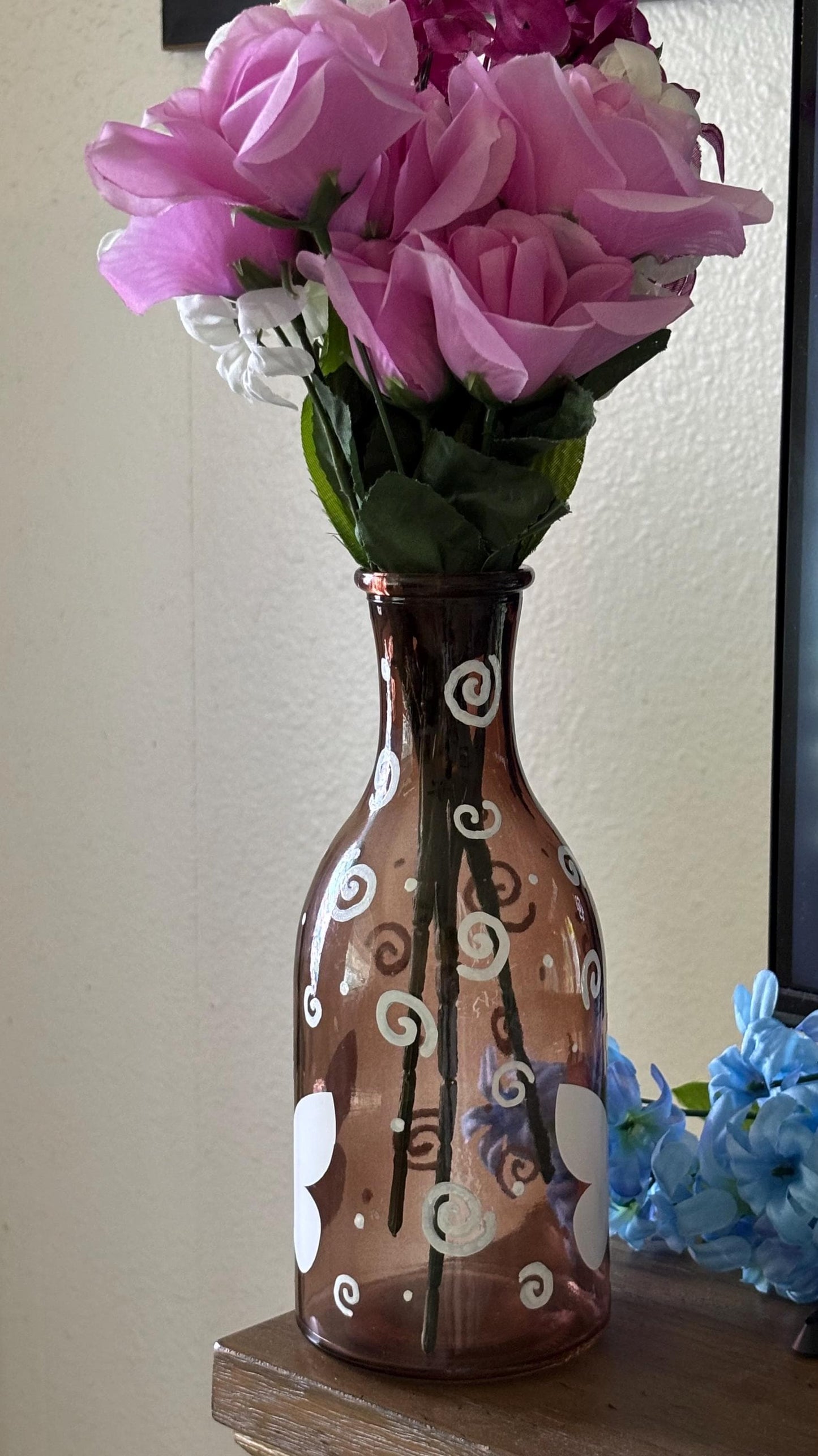 Brown Vase - Cute Spring Home Decor with Flowers Swirl Design and Butterfly | Unique Whimsical Room Decor Design