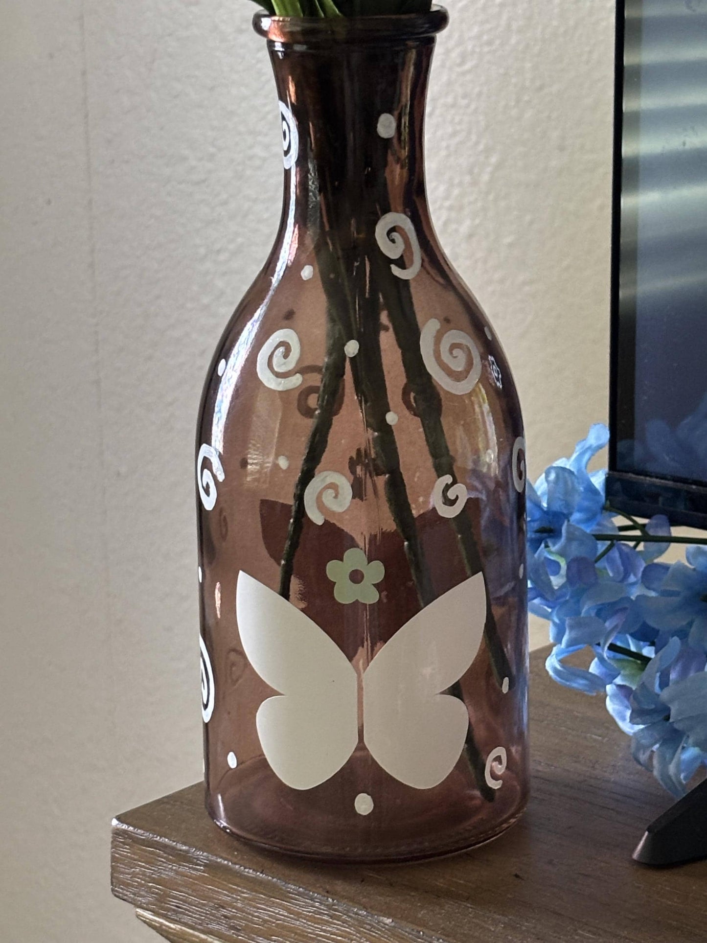 Brown Vase - Cute Spring Home Decor with Flowers Swirl Design and Butterfly | Unique Whimsical Room Decor Design