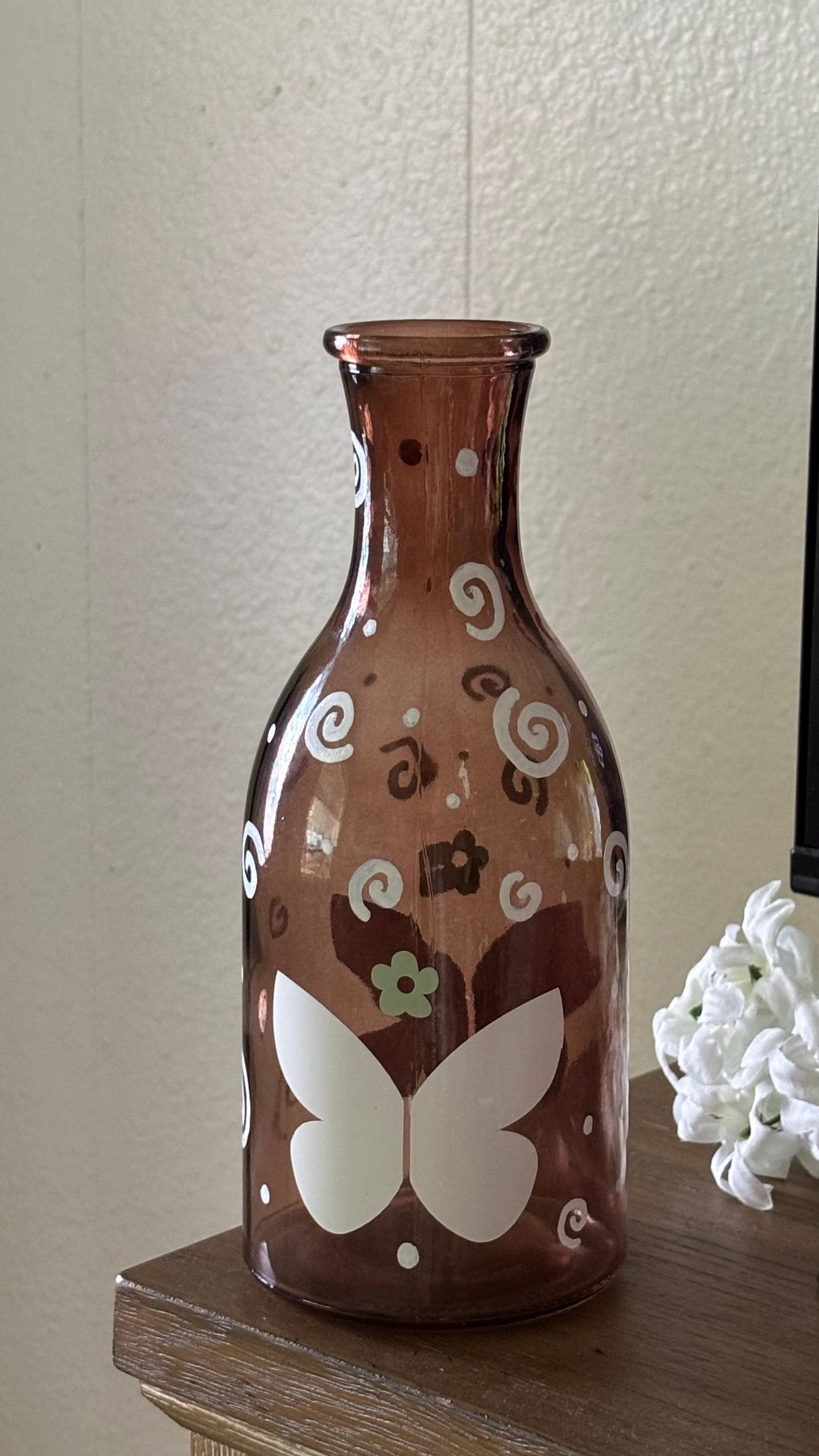 Brown Vase - Cute Spring Home Decor with Flowers Swirl Design and Butterfly | Unique Whimsical Room Decor Design