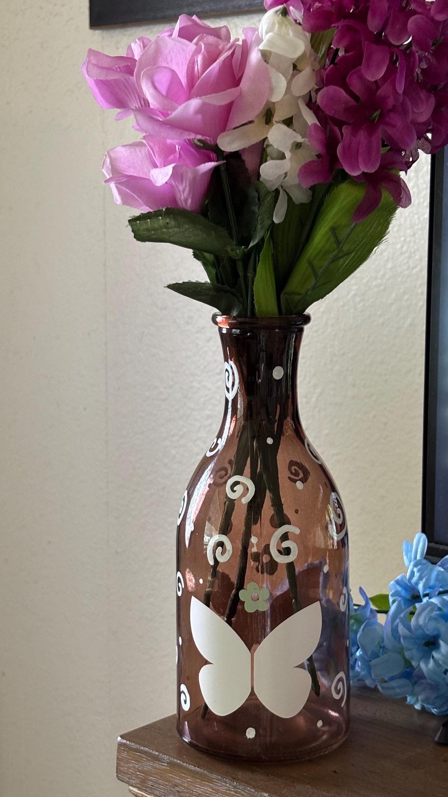 Brown Vase - Cute Spring Home Decor with Flowers Swirl Design and Butterfly | Unique Whimsical Room Decor Design